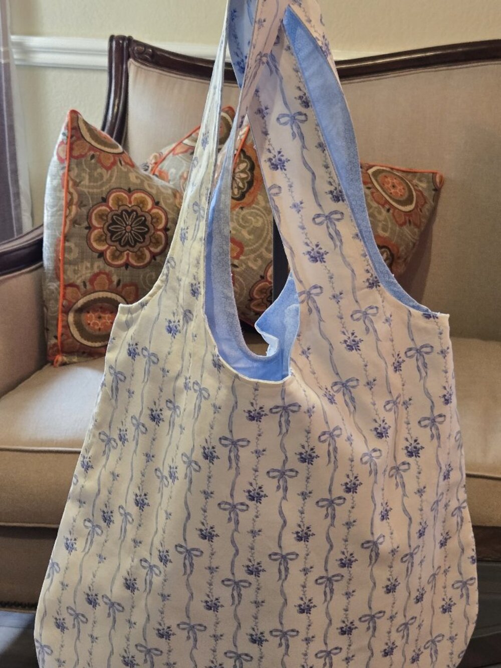 Handmade Reversible White and Blue Bows with Blue Cloud Fabric on the Reverse